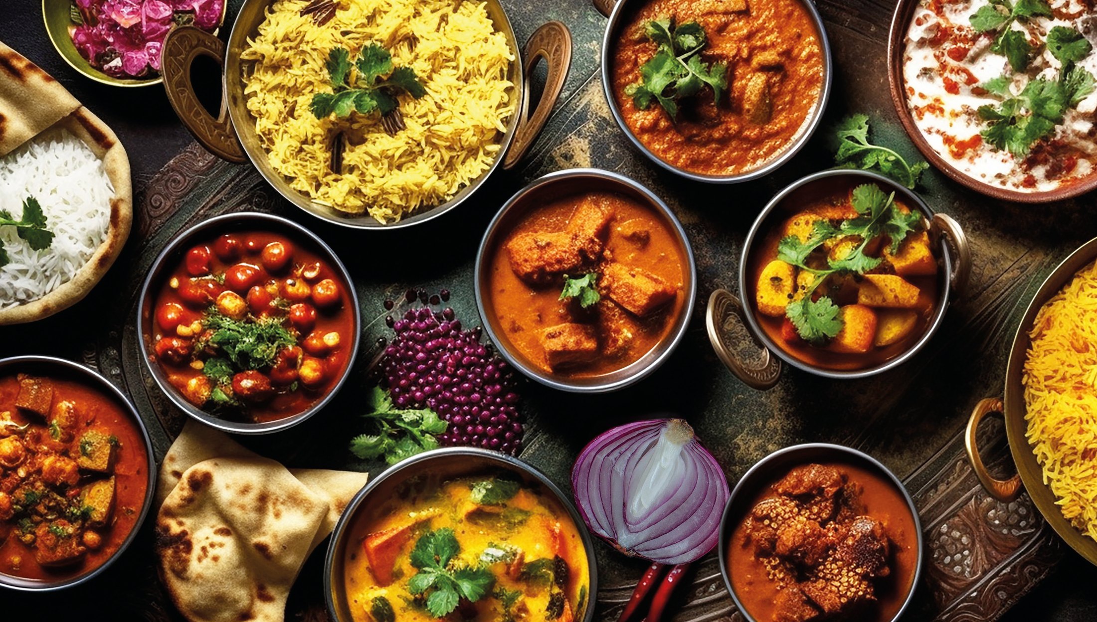 A spread of Indian curries, rice and breads